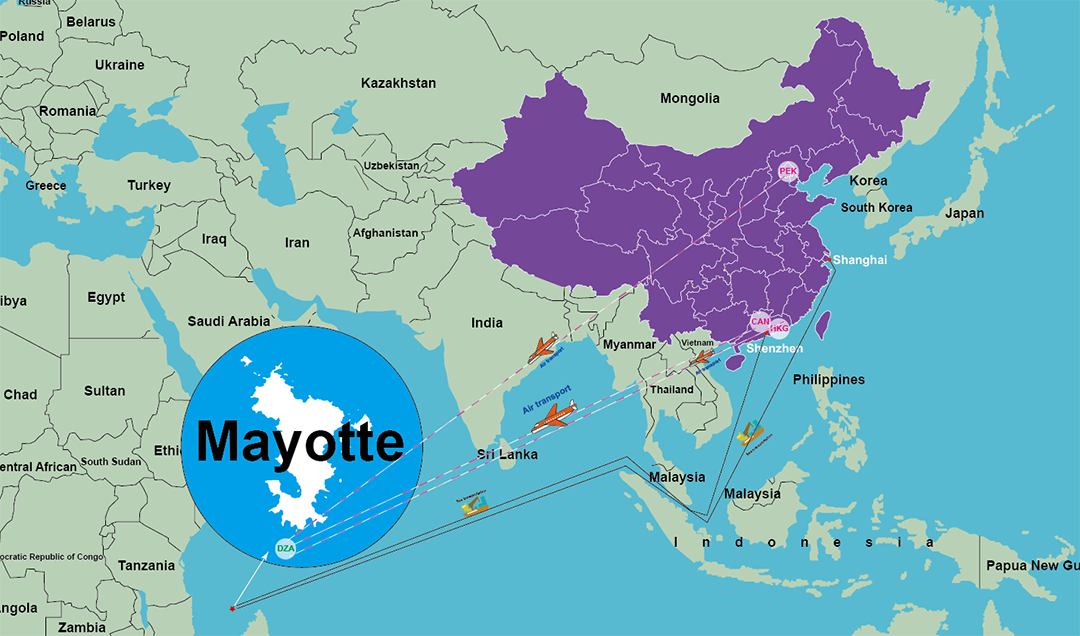 Options de transport reliant la Chine et Mayotte